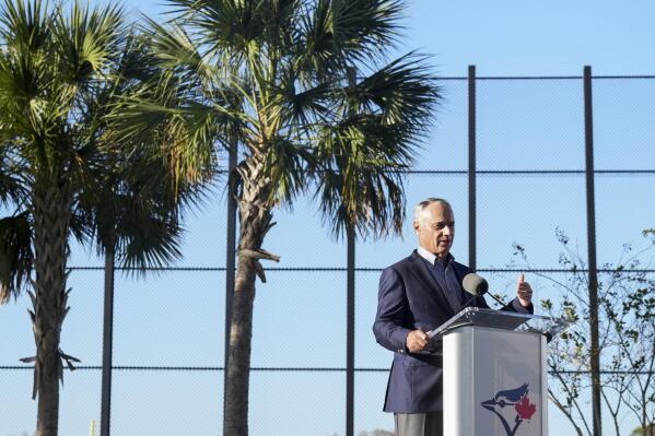 MLB Commissioner Rob Manfred speaks to the media and answers questions during baseball spring training in Dunedin, Fla., Thursday, Feb. 16, 2023. (Nathan Denette/The Canadian Press via AP)