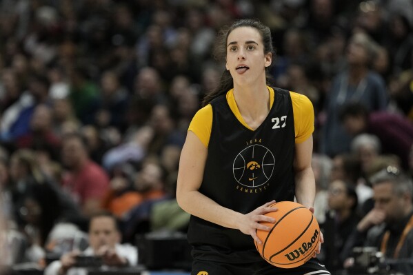 Iowa's Caitlin Clark shoots during practice for the NCAA Women's Final Four championship basketball game Saturday, April 6, 2024, in Cleveland. (AP Photo/Morry Gash)