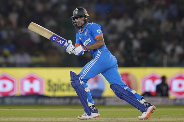 India's Shubman Gill plays a shot during the first one day international match between Australia and India in Mohali, India, Friday, Sept. 22, 2023. (AP Photo/Altaf Qadri)