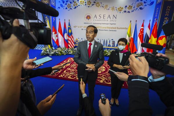 Indonesia's President Joko Widodo speaks to the media during ASEAN summit in Phnom Penh, Cambodia, Friday, Nov. 11, 2022. The ASEAN summit kicks off a series of three top-level meetings in Asia, with the Group of 20 summit in Bali to follow and then the Asia Pacific Economic Cooperation forum in Bangkok. (AP Photo/Anupam Nath)