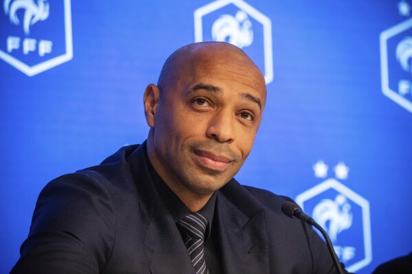 FILE - Thierry Henry attends a press conference in Paris, Aug. 29, 2023. Former World Cup winner Thierry Henry has opened up about the fact he “must have been in depression” during his soccer career. The 46-year-old former France and Arsenal forward says he had a spell early in the coronavirus pandemic when he was “crying almost every day”. Henry has linked that to his past and a search for approval, having grown up with a father who was critical of his performances on the field. (AP Photo/Sophie Garcia, File)