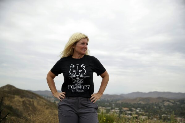 In this July 25, 2019, photo, Beth Pratt, California director for the National Wildlife Federation, stands on a hilltop overlooking U.S. Highway 101, near the site of a proposed wildlife crossing in Agoura Hills, Calif. Pratt is advocating for a wildlife crossing to go over the 101 freeway and connecting open space preserves, hoping for wildlife to have wider roaming spaces. The project is on track for groundbreaking within two years and completion by 2023. (AP Photo/Marcio Jose Sanchez)
