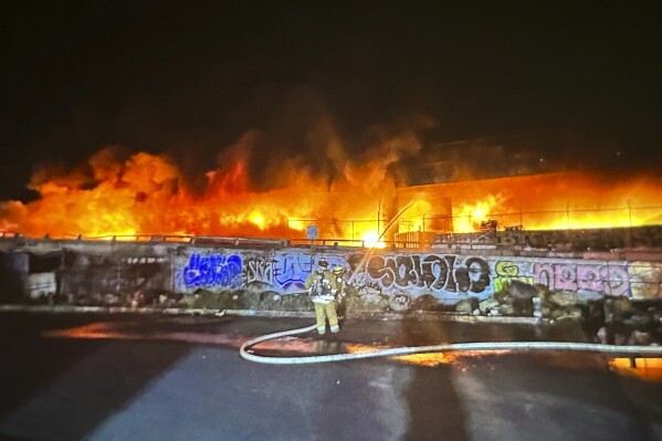 This photo provided by the California Department of Transportation shows an early morning fire along Interstate 10 near downtown Los Angeles, Saturday, Nov. 11, 2023. (Caltrans District 7 via AP)