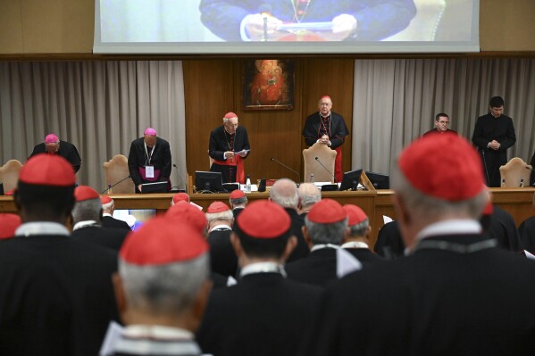 Cardinal Camerlengo Kevin Joseph Farrell, center right, listen to Dean Cardinal Giovanni Battista Re, center left, during the fifth Congregation of Cardinals in the New Hall of the Synod after the death of Pope Francis, Monday, April 28, 2025. (Vatican Media via AP)