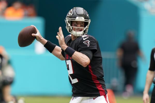 Atlanta Falcons quarterback Matt Ryan (2) aims a pass during the first half of an NFL football game against the Miami Dolphins, Sunday, Oct. 24, 2021, in Miami Gardens, Fla. (AP Photo/Wilfredo Lee)