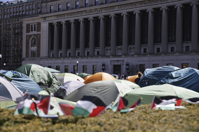 Tents are erected at a pro-Palestinian demonstration encampment at Columbia University in New York, Monday April 22, 2024. (AP Photo/Stefan Jeremiah)