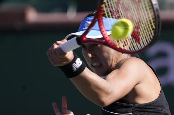 Misaki Doi, of Japan, returns to Anastasia Potapova at the BNP Paribas Open tennis tournament, Wednesday, March 9, 2022, in Indian Wells, Calif. (AP Photo/Mark J. Terrill)