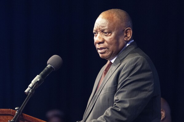 South African President Cyril Ramaphosa addresses the opening session of the G20 foreign ministers meeting in Johannesburg, South Africa, Thursday, Feb. 20, 2025. (AP Photo/Jerome Delay,File)