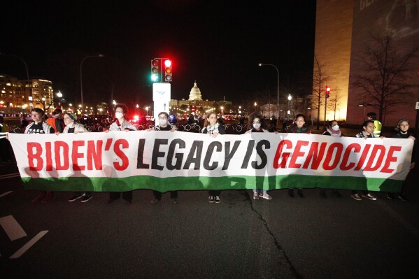 Protesters block Pennsylvania Ave. during a pro-Palestinian demonstration near the U.S. Capitol in preparation for President Joe Biden's State of the Union address to a joint session of Congress, Thursday, March 7, 2024, in Washington (AP Photo/Luis M. Alvarez)