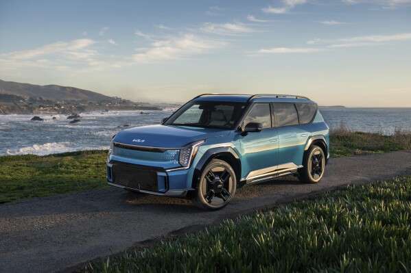 This photo provided by Kia shows the 2024 EV9. The EV9 is the least expensive three-row electric SUV you can buy, but it won't seem like it when you drive it. (Courtesy of Kia America via AP)