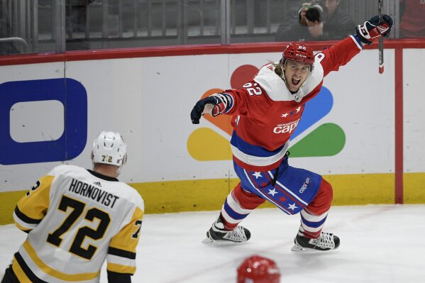 Washington Capitals left wing Carl Hagelin (62), of Sweden, celebrates his empty-net goal next to Pittsburgh Penguins right wing Patric Hornqvist (72), also of Sweden, during the third period of an NHL hockey game, Sunday, Feb. 23, 2020, in Washington. (AP Photo/Nick Wass)