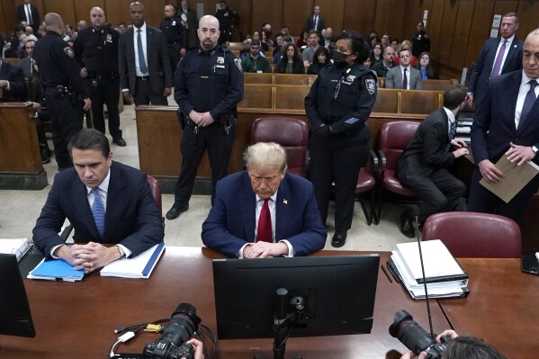 FILE - Former President Donald Trump, with lawyer Todd Blanche, left, attends trial in New York City, April 23, 2024. Trump's New York criminal trial is full of terms you don't typically hear in a courtroom. Centering on allegations Trump falsified his company's records to conceal the nature of hush money reimbursements, it's the first ever criminal trial of a former president and the first of Trump's four indictments to go to trial. (Timothy A. Clary/Pool via AP, File)