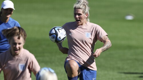England defender Millie Bright controls the ball during a team practice session in Brisbane, Australia, Friday, July 21, 2023. The European Champions will face Haiti in the opening match of the Group D at Brisbane Stadium Saturday. (AP Photo/Katie Tucker)
