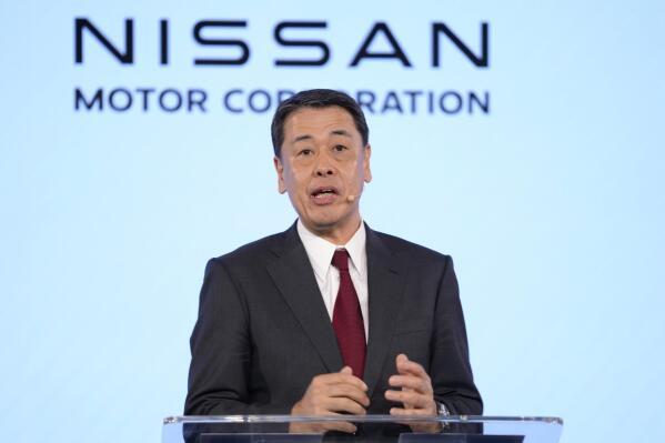 FILE - Nissan Chief Executive Makoto Uchida speaks during a Renault Nissan Mitsubishi press conference in London, on Feb. 6, 2023. Nissan is speeding up its shift toward electric vehicles, especially in Europe where emissions regulations are most stringent, the company said Monday, Feb. 27, 2023. (AP Photo/Kirsty Wigglesworth, File)