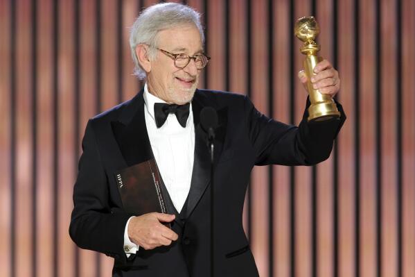 This image released by NBC shows Steven Spielberg accepting the Best Director award for "The Fabelmans" during the 80th Annual Golden Globe Awards at the Beverly Hilton Hotel on Tuesday, Jan. 10, 2023, in Beverly Hills, Calif. (Rich Polk/NBC via AP)