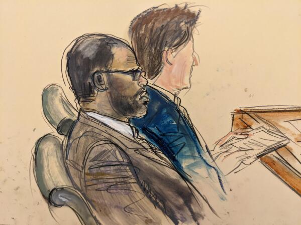 In this courtroom artist's sketch made from a video screen monitor of a Brooklyn courtroom, defendant R. Kelly, left, listens during the opening day of his trial, Wednesday, Aug. 18, 2021 in New York. The prosecutor described sex abuse claims against Kelly, saying the long-anticipated trial now underway was "about a predator" who used his fame to entice girls, boys and young women before dominating and controlling them physically, sexually and psychologically. (AP Photo/Elizabeth Williams)