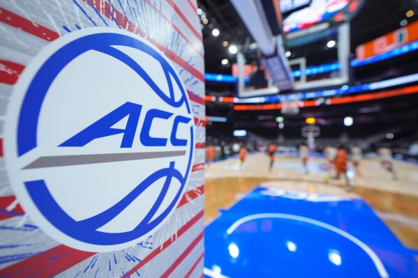 An ACC logo is displayed on the stanchion at the Atlantic Coast Conference basketball tournament March 11, 2024, in Washington. (AP Photo/Alex Brandon, File)