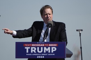 Michigan state Sen. Aric Nesbitt, R-Lawton speaks at a Republican presidential candidate former President Donald Trump campaign event in Freeland, Michigan, May 1, 2024. (AP Photo/Paul Sancya, File)