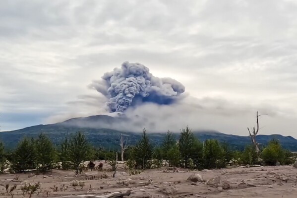 In this photo taken from AP video, provided by by the Institute of Volcanology and Seismology of the Far Eastern Branch of the Russian Academy of Sciences on Sunday, Aug. 18, 2024, the eruption of the Shiveluch volcano is seen in Kamchatka Peninsula, about 500 km (310 miles) north to Petropavlovsk-Kamchatsky, Russia. (Institute of Volcanology and Seismology of the Far Eastern Branch of the Russian Academy of Sciences video via AP)