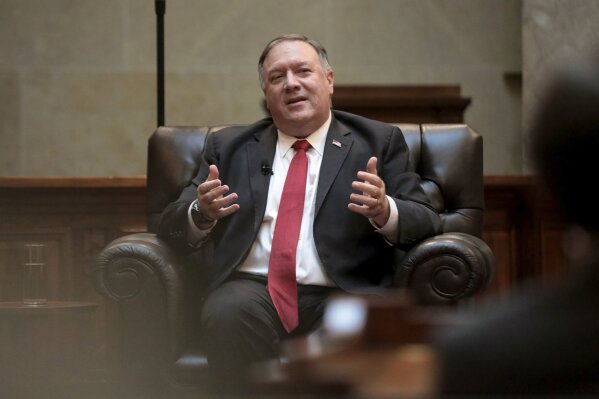 Secretary of State Mike Pompeo speaks during a question and answer sessions with state Republican legislators in the Senate chamber of the Wisconsin State Capitol in Madison, Wis. Wednesday, Sept. 23, 2020. (John Hart/Wisconsin State Journal via AP)