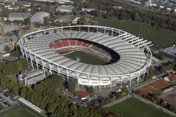 FILE - Aerial view of the Gottlieb Daimler stadium in Stuttgart, southwestern Germany, on Friday, Oct. 28, 2005. Bundesliga team Stuttgart has agreed the principals of a sponsorship deal with local car manufacturer Porsche and consultancy firm MHP that it says could yield more than 100 million euros ($110 million) for the club. The club says Mercedes-Benz will remain its main sponsor, though it is giving up naming rights to the stadium. (AP Photo/Thomas Kienzle, File)