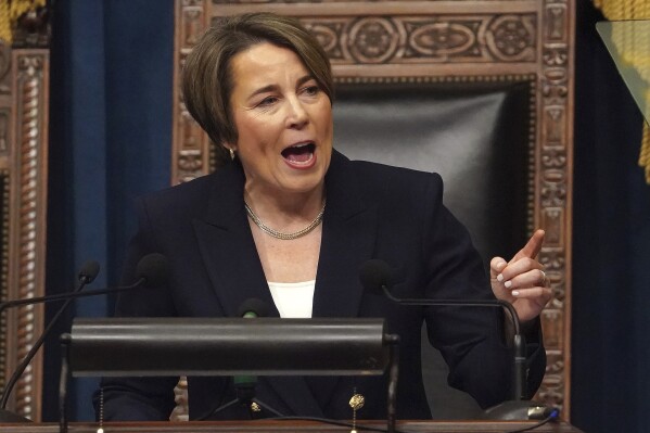 Gov. Maura Healey delivers her first State of the Commonwealth Address in the House Chambers of the Massachusetts State House on Wednesday, Jan. 17, 2024, in Boston. (Barry Chin/The Boston Globe via AP)