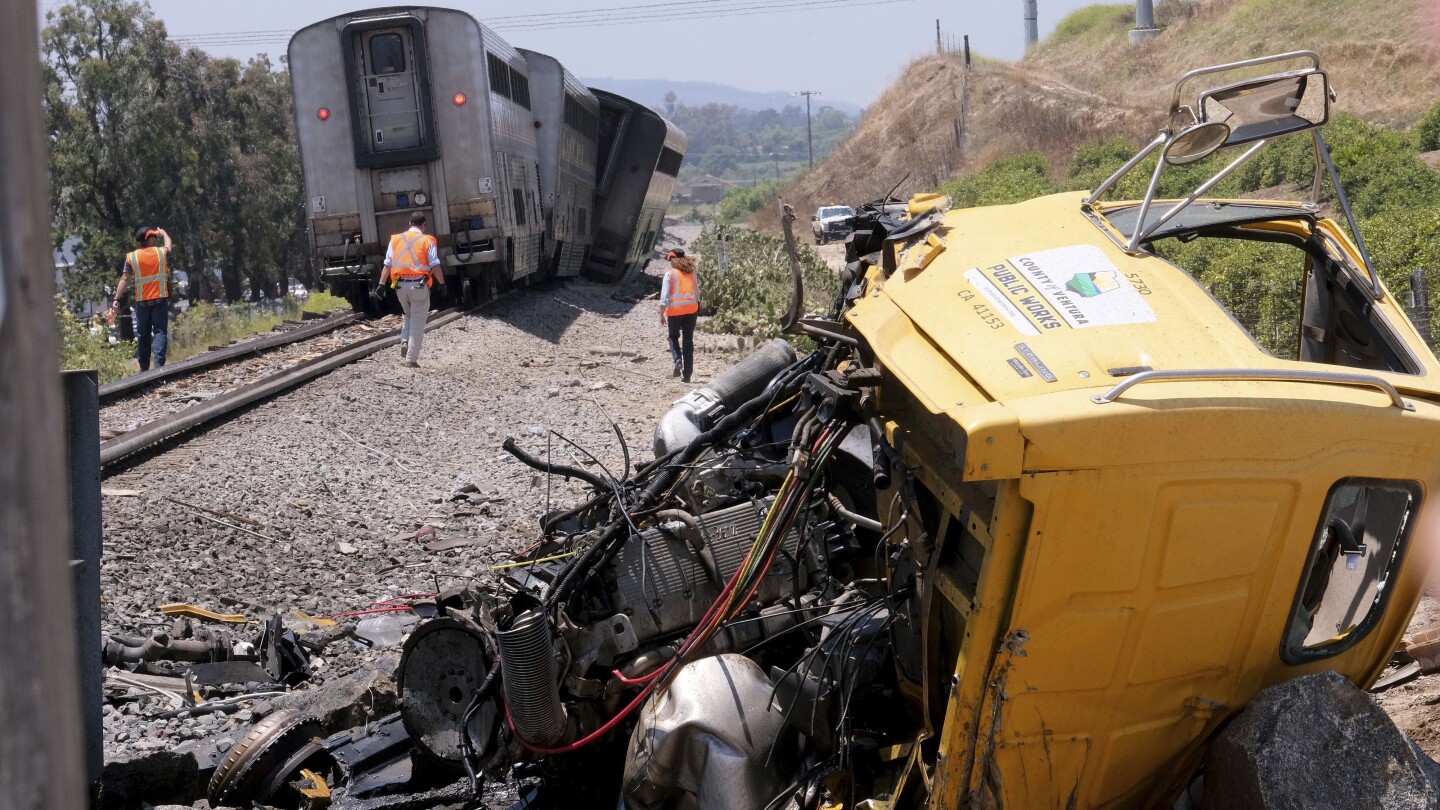 Amtrak train derails in Moorpark, California, after hitting truck on