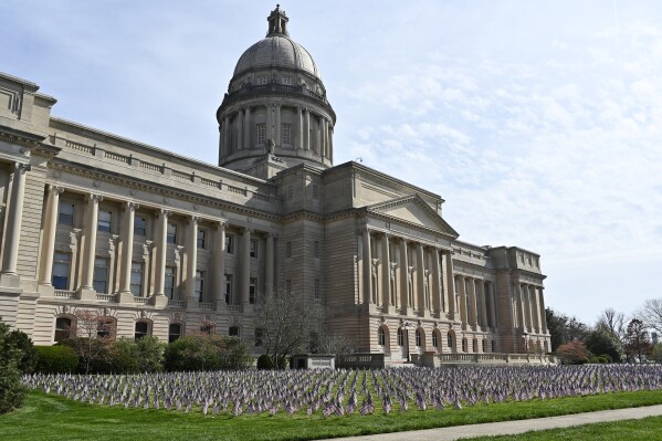 FILE - The Kentucky Capitol is seen, April 7, 2021, in Frankfort, Ky. Republican lawmakers in Kentucky wrapped up work Thursday, March 28, 2024, on a sweeping criminal justice bill that would deliver harsher sentences to combat crime. (AP Photo/Timothy D. Easley, File)