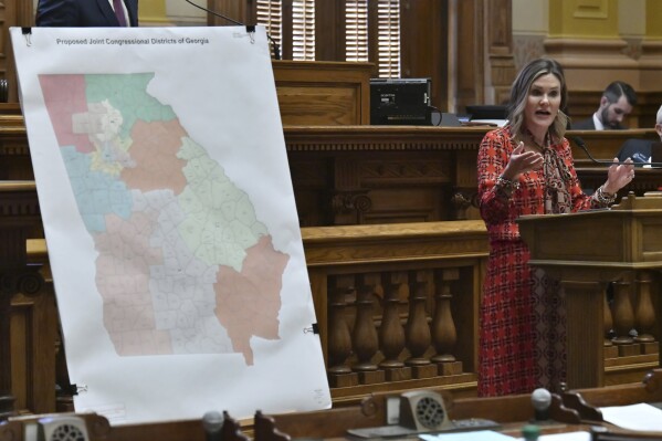 FILE - Georgia Sen. Elena Parent, D-Atlanta, speaks in opposition to proposed congressional district maps in the Senate Chambers during a special session at the state Capitol, Nov. 19, 2021, in Atlanta. Parent's state Senate district would be redrawn from majority-white to majority-Black under a plan proposed Monday, Nov. 27, 2023, by state Senate Republicans. (Hyosub Shin/Atlanta Journal-Constitution via AP, File)