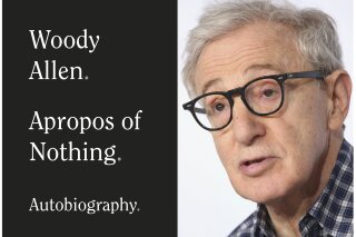 This combination photo shows a book cover image for "Apropos of Nothing," an autobiography by Woody Allen, to be released on April 7. (Grand Central Publishing via AP, left, and AP Photo)