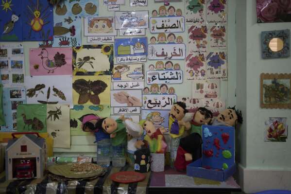 Puppets and educational materials are displayed in teacher Doaa Zourba's classroom at the UNRWA Boys' School run by the U.N. agency for Palestinian refugees in the Shuafat Refugee Camp in east Jerusalem, Tuesday, April 29, 2025. (AP Photo/Maya Alleruzzo)