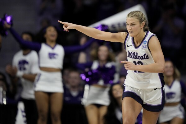 Kansas State guard Gabby Gregory celebrates after making a basket during the second half of a first-round college basketball game against Portland in the women's NCAA Tournament in Manhattan, Kan., Friday, March 22, 2024, in Manhattan, Kan. Kansas State won 78-65. (AP Photo/Charlie Riedel)