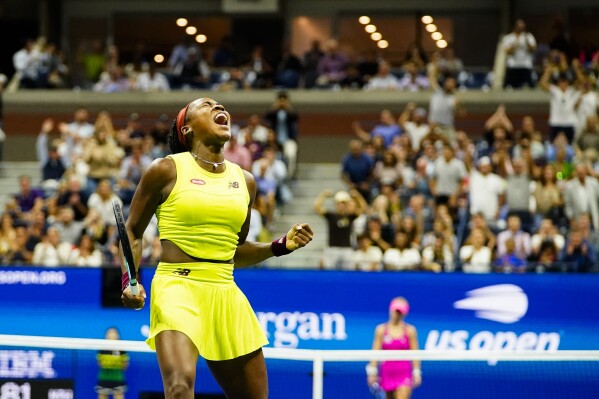 Coco Gauff, of the United States, reacts during a match against shot to Laura Siegemund, of Germany, at the first round of the U.S. Open tennis championships, Monday, Aug. 28, 2023, in New York. (AP Photo/Frank Franklin II)