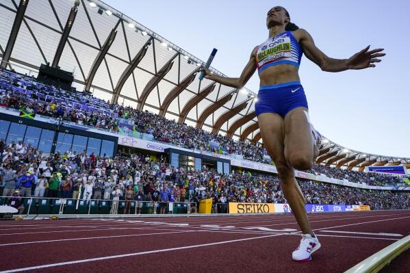 Sydney Mclaughlin, of the United States, wins the women's 4x400-meter relay final at the World Athletics Championships on Sunday, July 24, 2022, in Eugene, Ore. (AP Photo/David J. Phillip)
