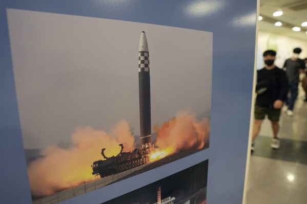 A photo showing North Korea's missile launch is displayed at the Unification Observation Post in Paju, South Korea, near the border with North Korea, Wednesday, Sept. 13, 2023. South Korea's military says North Korea has fired at least one ballistic missile toward its eastern seas. (AP Photo/Ahn Young-joon)