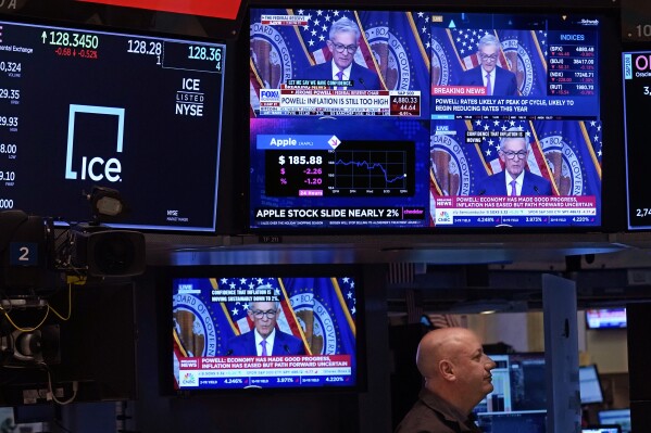 FILE - Television screens on the floor of the New York Stock Exchange show the news conference of Federal Reserve Chair Jerome Powell, Wednesday, Jan. 31, 2024. A strong performance in financial markets, particularly an outsize gain for the stock market in 2021, helped entrench existing trends of wealth inequality during the pandemic. (APPhoto/Richard Drew, File)