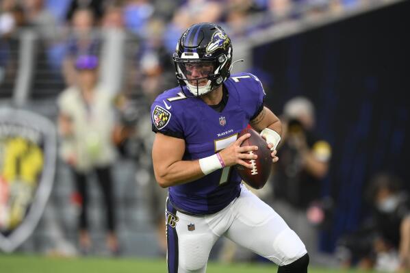 Baltimore Ravens quarterback Trace McSorley looks to pass against the New Orleans Saints during the first half of an NFL preseason football game, Saturday, Aug. 14, 2021, in Baltimore. (AP Photo/Nick Wass)
