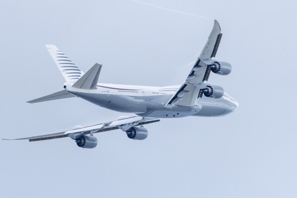 A 13-year-old private Boeing aircraft that President Donald Trump toured on Saturday to check out new hardware and technology features, and highlight the aircraft maker's delay in delivering updated versions of the Air Force One presidential aircraft, takes off from Palm Beach International Airport, Feb. 16, 2025, in West Palm Beach, Fla. (AP Photo/Ben Curtis, File)