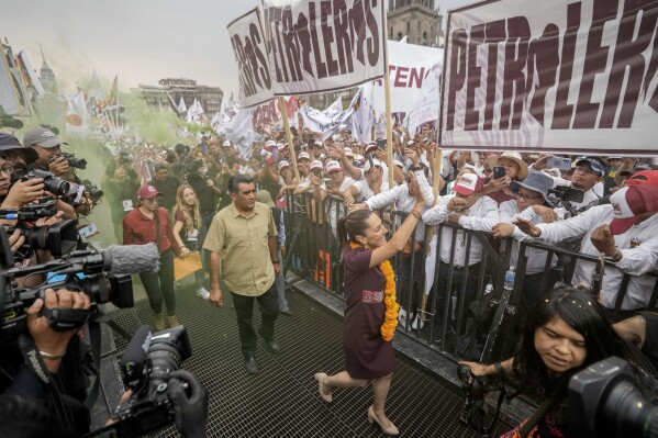 Presidential candidate Claudia Sheinbaum arrives at her closing campaign rally at the Zocalo in Mexico City, Wednesday, May 29, 2024. (AP Photo/Eduardo Verdugo)