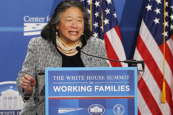 FILE - In this June 23, 2014, file photo, Tina Tchen, chief of staff to first lady Michelle Obama, speaks at the White House Summit on Working Families in Washington. Tchen, who went on to become the CEO of the sex harassment victims' advocacy group Time's Up, resigned from the position on Thursday, Aug. 26, 2021, in the wake of revelations that leaders of the group advised former New York Gov. Andrew Cuomo on how to handle allegations made against him. (AP Photo/Charles Dharapak, File)