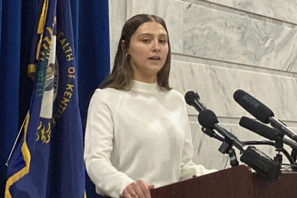 Hadley Duvall speaks at a news conference on Tuesday, Jan. 9, 2024, at the Kentucky Capitol in Frankfort, Ky. Duvall endorses legislation in Kentucky that would allow abortions when pregnancies are caused by rape or incest, or when pregnancies are deemed nonviable or medical emergencies threaten the mother. Duvall appeared in a powerful campaign ad last year in which she revealed the trauma of being raped and impregnated. (AP Photo/Bruce Schreiner)