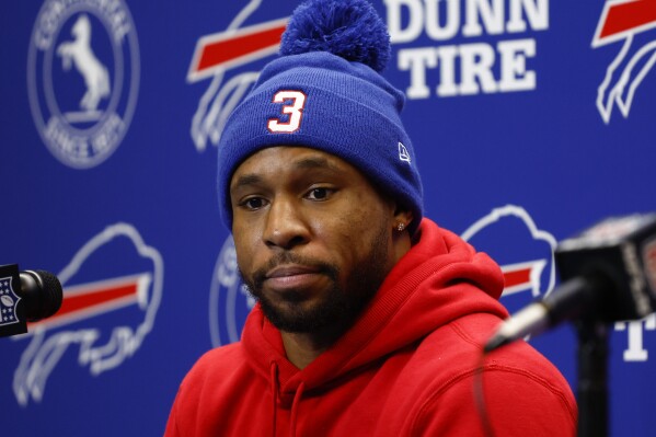 FILE - Buffalo Bills running back Nyheim Hines (20) attends a news conference after their NFL football game against the New England Patriots, Sunday, Jan. 8, 2023, in Orchard Park, N.Y. The Buffalo Bills have informed running back Nyheim Hines that they will be releasing him this week as part of a salary cap-cutting move in advance of the NFL’s free agency period, a person with direct knowledge of the situation confirmed to The Associated Press on Tuesday, March 5, 2024. (AP Photo/Jeffrey T. Barnes, File)