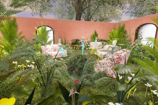 This computer generated image shows a Gucci virtual garden on Roblox. Anyone whose avatar is traipsing around the Roblox online game platform these days might run into other avatars sporting Gucci handbags, sunglasses or hats. The digital-only items are part of the Gucci’s time-limited collection for Roblox, as the Italian fashion house that prides itself on hand-craftsmanship is dipping its toes into an expanding virtual space where many of its youngest fans already are at home. (Roblox via AP)