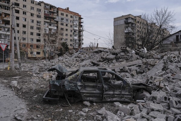 In this photo provided by Ukraine's 93rd Kholodnyi Yar Separate Mechanized Brigade press service, a view of Pokrovsk, the site of heavy battles with Russian troops, in the Donetsk region, Ukraine, Tuesday, March 25, 2025. (Iryna Rybakova/Ukraine's 93rd Mechanized Brigade via AP)