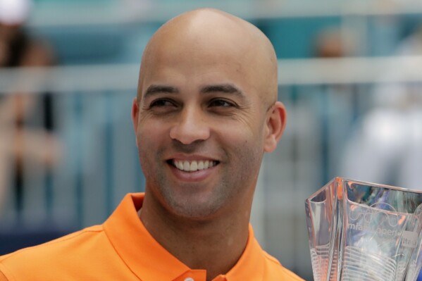 FILE - James Blake, director of the Miami Open tennis tournament, smiles after the singles final Saturday, March 30, 2019, in Miami Gardens, Fla. Miami Open tournament director and former Top 10 player James Blake was fined $56,250 for violating tennis's rules about betting sponsorship, the International Tennis Integrity Agency announced Wednesday, Feb. 21, 2024. (APPhoto/Lynne Sladky, File)