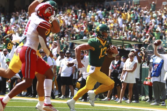 Baylor quarterback Sawyer Robertson runs past the Utah defense to score during an NCAA college football game, Saturday, Sept. 9, 2023, in Waco, Texas. (Lauryn Amy,/Waco Tribune-Herald via AP)