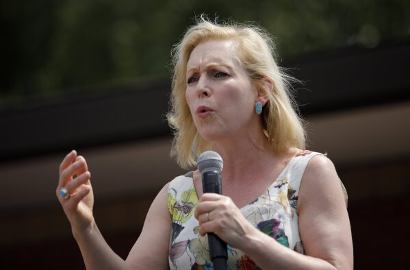 FILE - In this Aug. 10, 2019, file photo, Democratic presidential candidate Sen. Kirsten Gillibrand, D-N.Y., speaks at the Iowa State Fair in Des Moines, Iowa. Gillibrand says she's dropping out of 2020 presidential race amid low polling, fundraising struggles. (AP Photo/John Locher, File)