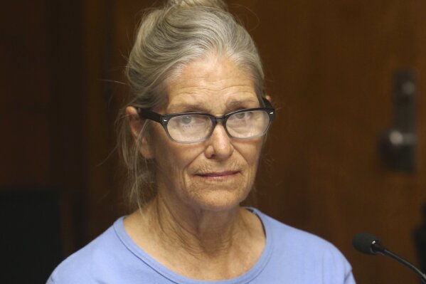 FILE - In this Sept. 6, 2017 file photo, Charles Manson follower Leslie Van Houten attends her parole hearing at the California Institution for Women in Corona, Calif. A California appeals court has denied Van Houten's latest bid for parole on Friday, Sept. 20. 2019. Van Houten, 70, is serving a life sentence for helping Manson and others kill Los Angeles grocer Leno LaBianca and his wife, Rosemary, in August 1969. (Stan Lim/The Orange County Register via AP, Pool, File )