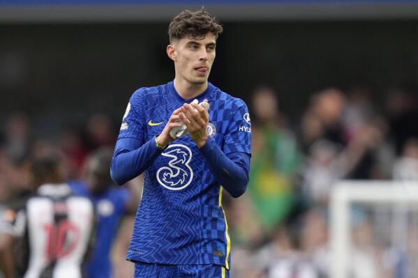 Chelsea's Kai Havertz celebrates at the end of the English Premier League soccer match between Chelsea and Newcastle United at Stamford Bridge stadium in London, Sunday, March 13, 2022. (AP Photo/Kirsty Wigglesworth)