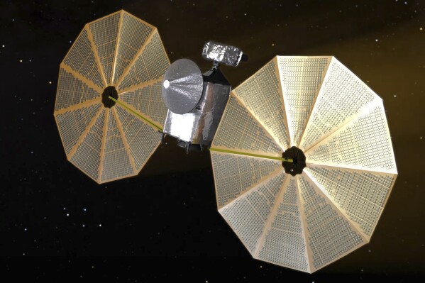 This image from video animation provided by NASA in October 2022 depicts the Lucy spacecraft. (NASA via AP)